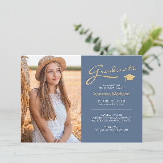 Modern Elegant Script Dusty Blue | 2 Foto-Afstudee Aankondiging (Staand voorkant)