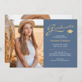 Modern Elegant Script Dusty Blue | 2 Foto-Afstudee Aankondiging (Voorkant / Achterkant)