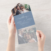 Modern Elegant Script Dusty Blue 2 Photo Wedding All In One Uitnodiging (Afscheurbaar)