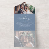Modern Elegant Script Dusty Blue 2 Photo Wedding All In One Uitnodiging (Binnen)