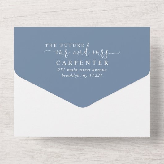 Modern Elegant Script Dusty Blue 2 Photo Wedding All In One Uitnodiging (Achterkant)