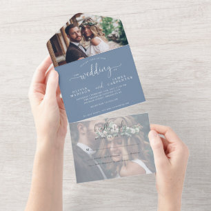 Modern Elegant Script Dusty Blue 2 Photo Wedding All In One Uitnodiging