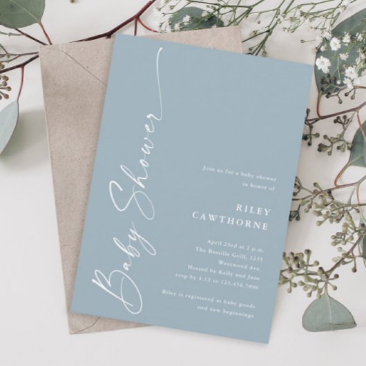Modern Elegant Script Dusty Blue Baby shower Kaart