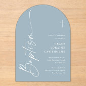 Modern Elegant Script Dusty Blue Boys Doop Acryl Uitnodigingen (Voorkant)