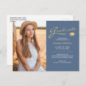 Modern Elegant Script Dusty Blue Gold 2 Photo Afst Briefkaart (Voorkant / Achterkant)