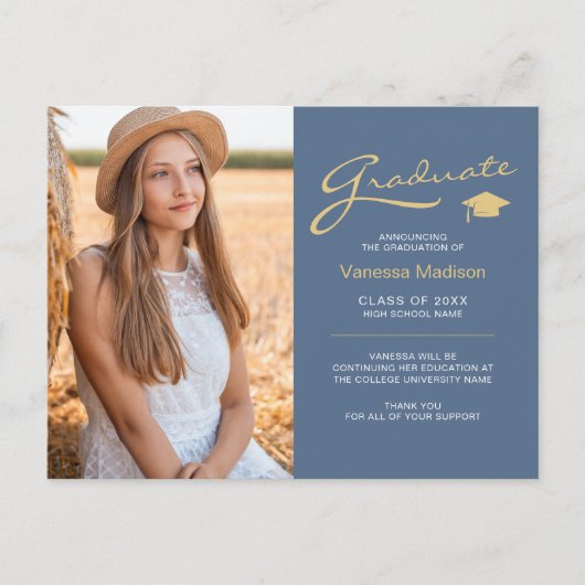 Modern Elegant Script Dusty Blue Gold 2 Photo Afst Briefkaart (Voorkant)