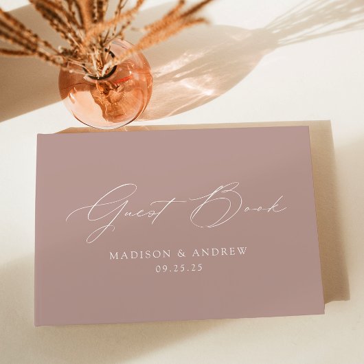 Modern Elegant Script Dusty Roos Photo Wedding Gastenboek