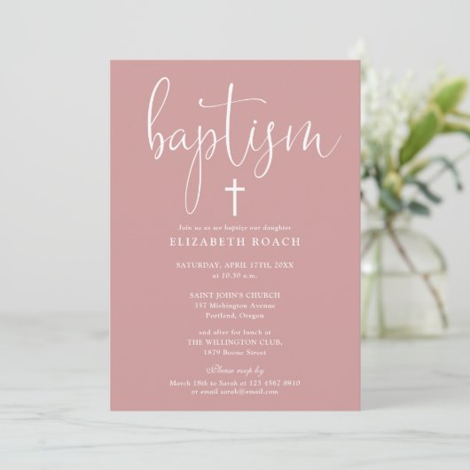 Modern Elegant Script Dusty Roos Roze Doop Kaart (Staand voorkant)