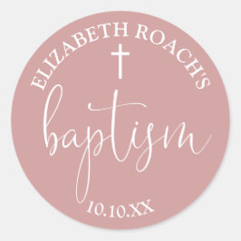Modern Elegant Script Dusty Roos Roze Doop Ronde Sticker