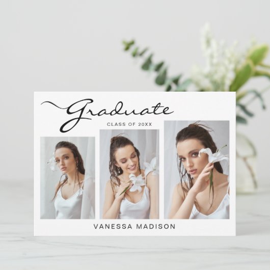 Modern elegant script eenvoudig | 3 Foto-Afstudere Aankondiging (Staand voorkant)