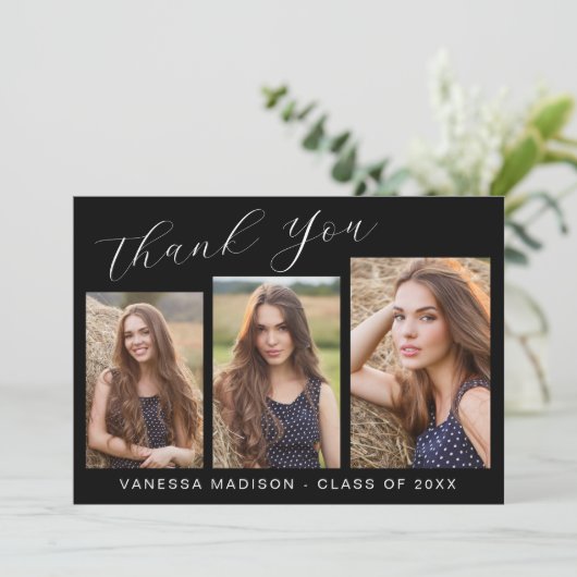 Modern elegant script eenvoudig | 3 Foto-Afstudere Bedankkaart (Staand voorkant)