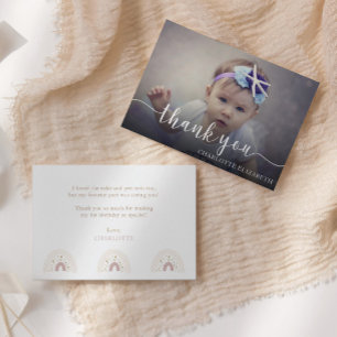 Modern Elegant Script Eerste Verjaardag Foto Bedankkaart