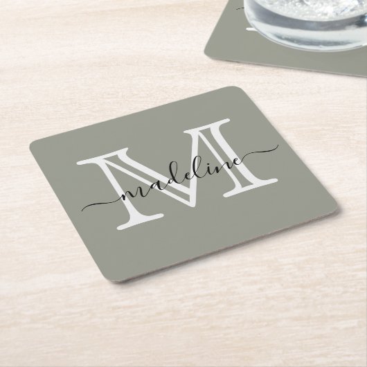 Modern Elegant Script Evergreen Fog Monogram Kartonnen Onderzetters (Schuin)