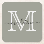 Modern Elegant Script Evergreen Fog Monogram Kartonnen Onderzetters (Voorkant)