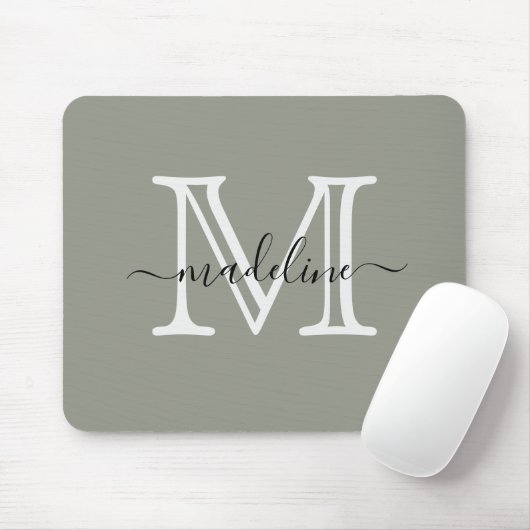 Modern Elegant Script Evergreen Fog Monogram Muismat (Met muis)