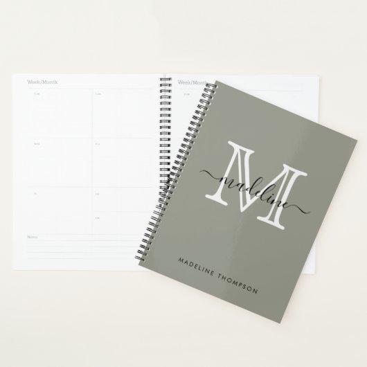 Modern Elegant Script Evergreen Fog Monogram Planner (Display)
