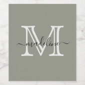 Modern Elegant Script Evergreen Fog Monogram Wijn Etiket (Enkel label)