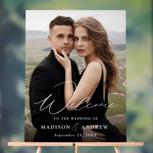Modern Elegant Script Foto Bruiloft Welkom Acryl Bord (Neutraal)