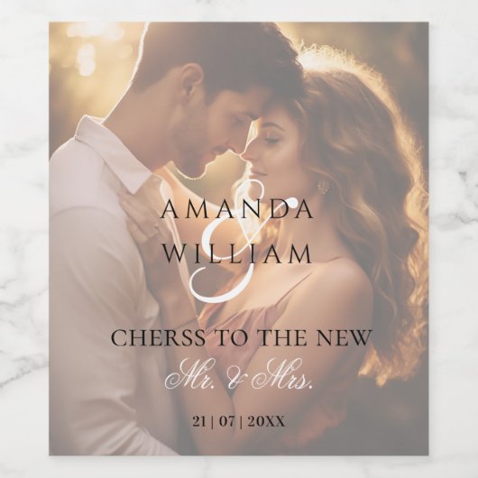 Modern Elegant Script Foto Bruiloft Welkom Wijn Etiket (Enkel label)