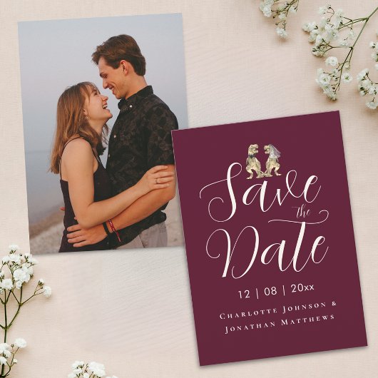 Modern Elegant Script Foto Grappige Dinosaurus bru Save The Date