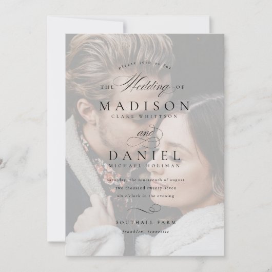 Modern Elegant Script Foto Overlay Bruiloft Kaart (Voorkant)