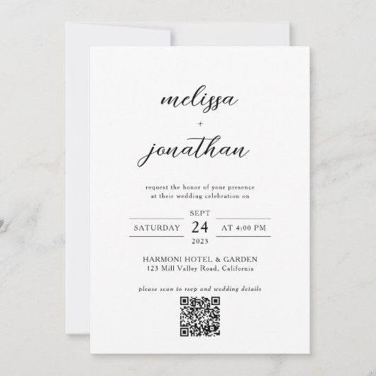 Modern Elegant Script Foto QR code RSVP bruiloft Kaart (Voorkant)