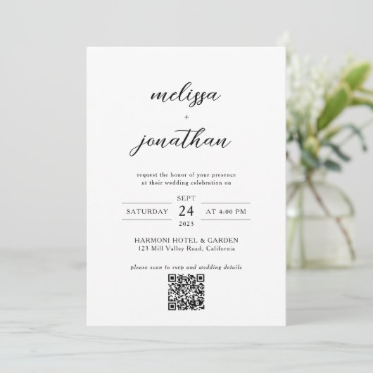 Modern Elegant Script Foto QR code RSVP bruiloft Kaart (Staand voorkant)