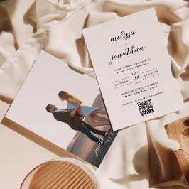 Modern Elegant Script Foto QR code RSVP bruiloft Kaart