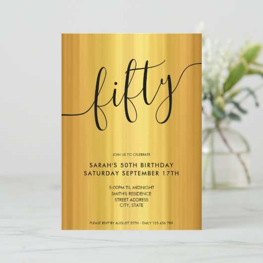 Modern Elegant Script Gold 50th Birthday Kaart (Staand voorkant)