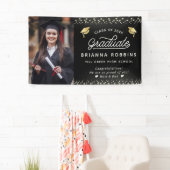 Modern elegant Script Gold Afstuderen Foto zwart Spandoek (Insitu)