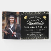 Modern elegant Script Gold Afstuderen Foto zwart Spandoek (Horizontaal)