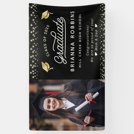 Modern elegant Script Gold Afstuderen Foto zwart Spandoek (Verticaal)