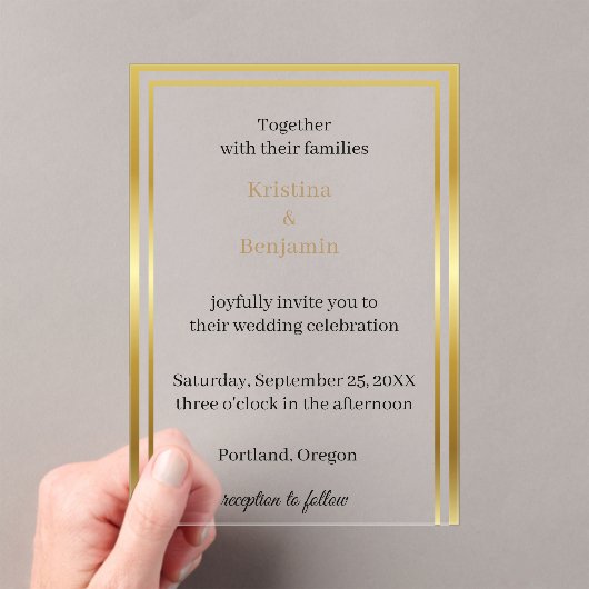 Modern Elegant Script  gold wedding  Acryl Uitnodigingen (Insitu (Draagbaar))