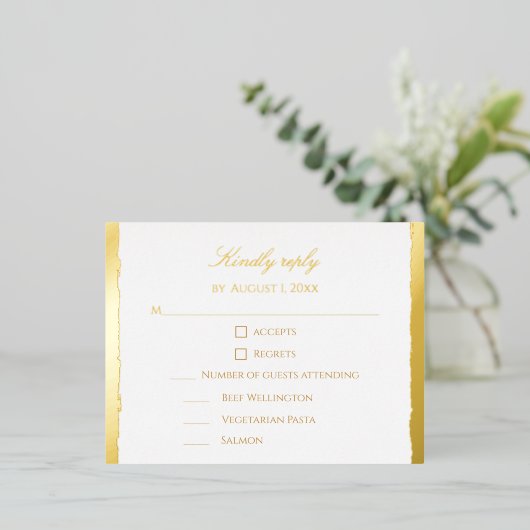 Modern Elegant Script Gold & White Wedding RSVP Folie Feestdagen Briefkaart (Staand Voorkant)