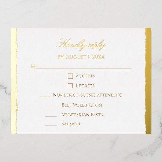 Modern Elegant Script Gold & White Wedding RSVP Folie Feestdagen Briefkaart (Voorkant)