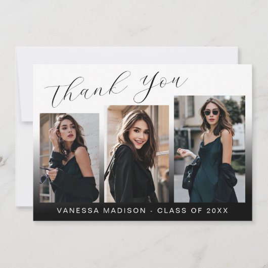 Modern Elegant Script Gradiënt 3 Foto Afstudeerder Bedankkaart (Voorkant)