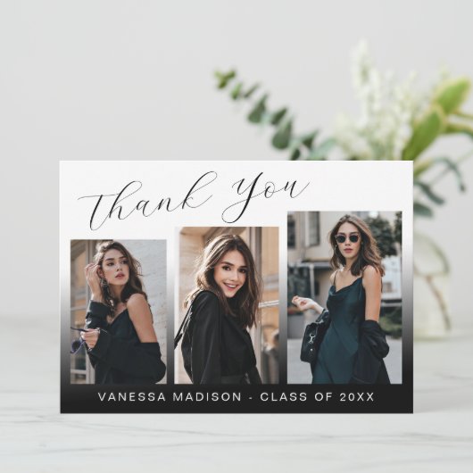 Modern Elegant Script Gradiënt 3 Foto Afstudeerder Bedankkaart (Staand voorkant)