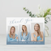 Modern Elegant Script Gradient Blue 3 Photo Afstud Bedankkaart (Staand voorkant)