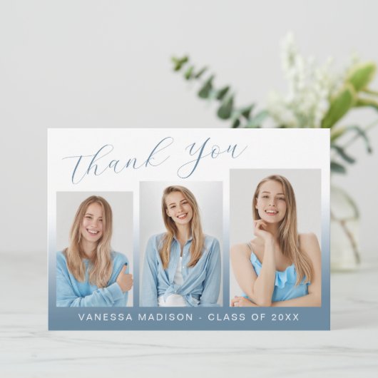 Modern Elegant Script Gradient Blue 3 Photo Afstud Bedankkaart (Staand voorkant)