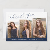 Modern Elegant Script Gradient Navy 3 Foto Afstude Bedankkaart (Voorkant)