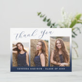 Modern Elegant Script Gradient Navy 3 Foto Afstude Bedankkaart (Staand voorkant)