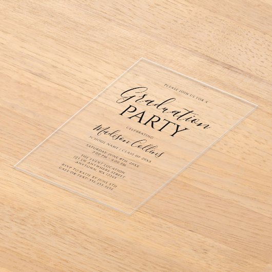 Modern Elegant Script Graduation Party Acryl Uitnodigingen (Laagn)
