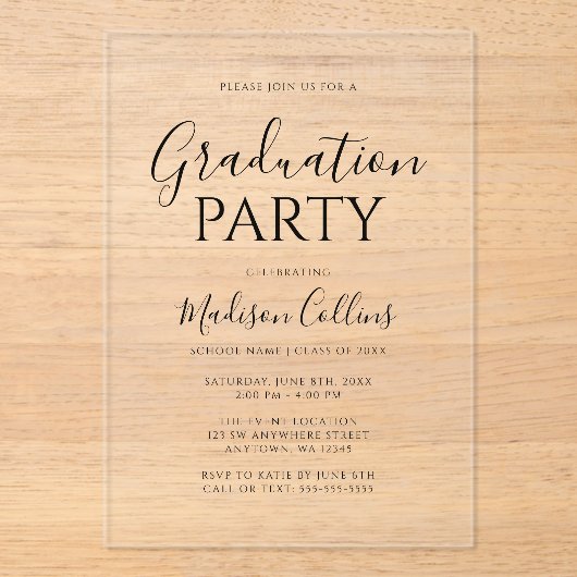 Modern Elegant Script Graduation Party Acryl Uitnodigingen (Voorkant)