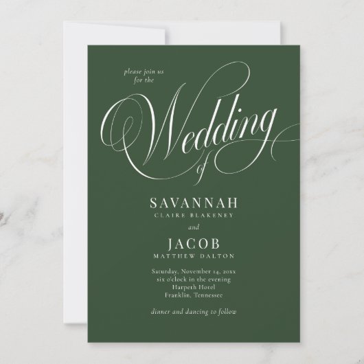 Modern elegant script Green Wedding Kaart (Voorkant)