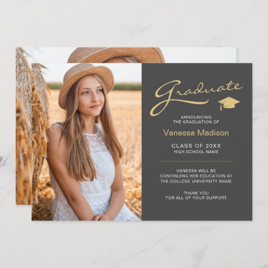 Modern elegant script grijs en goud | 2 Foto-Afstu Aankondiging (Voorkant / Achterkant)