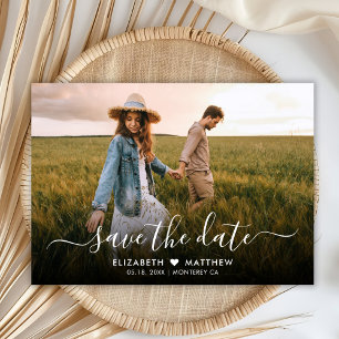 Modern Elegant Script Hart Een foto bruiloft Save The Date