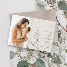 Modern Elegant Script Ivoor Foto Doop Kaart
