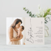 Modern Elegant Script Ivoor Foto Doop Kaart (Staand voorkant)