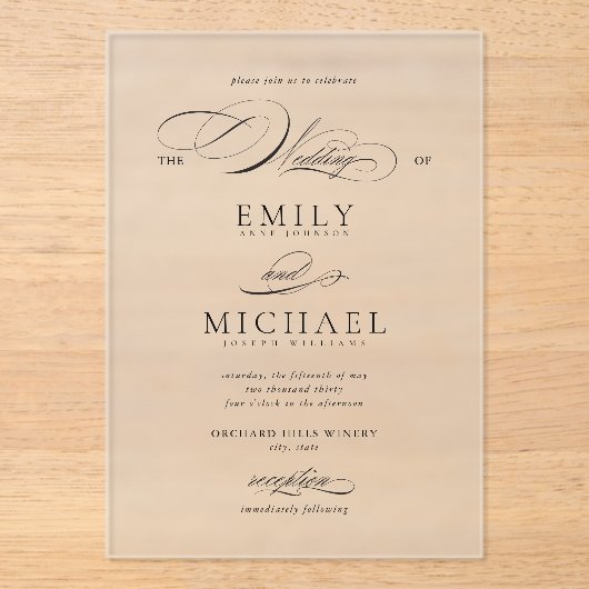Modern Elegant Script Klassieke bruiloft Acryl Uitnodigingen (Voorkant)