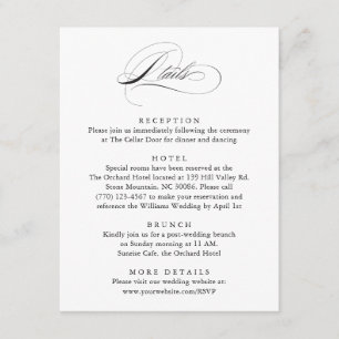 Modern Elegant Script Klassieke bruiloft Details Informatiekaartje